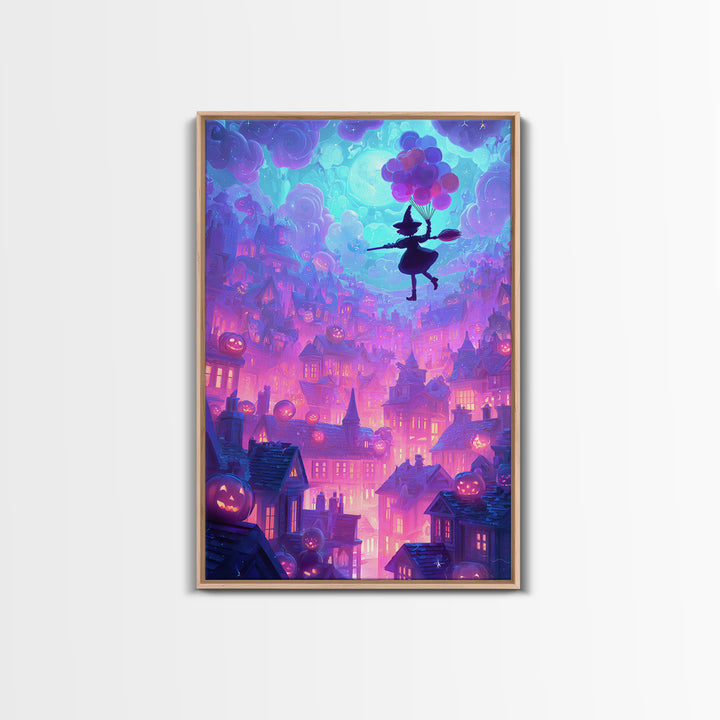 The Witch With A Balloon Broom, Cute Spooky Neon Art, Vertical Wall Art, Framed Canvas Print, Retro Halloween Decor, Neon Wall Art