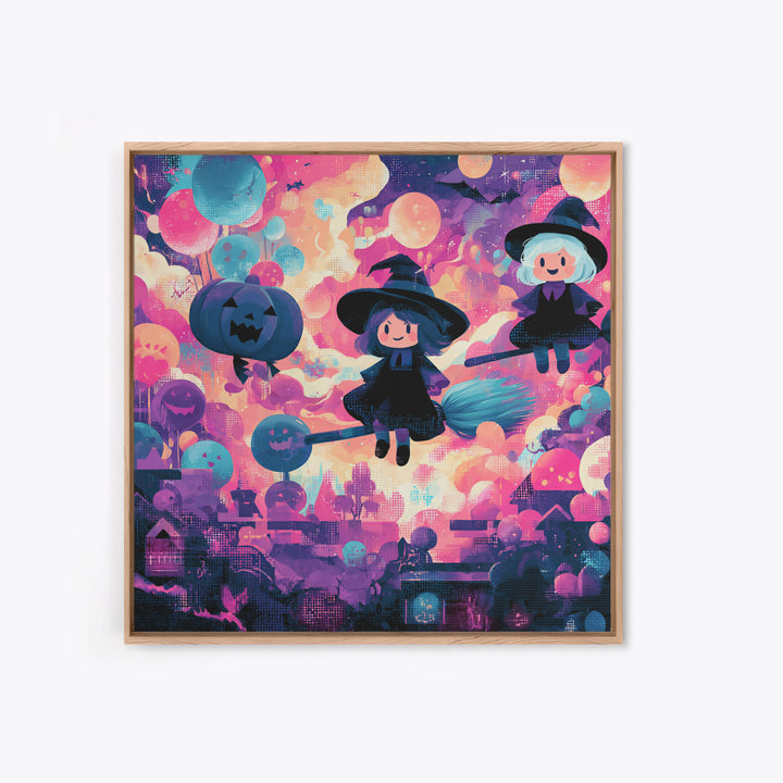 The Witch With A Balloon Broom, Synthwave Halloween Art, Square Wall Art, Canvas Print, Retro Halloween Decor, Neon Wall Art