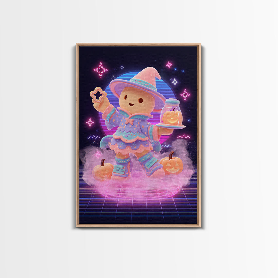 The Cookie Spellcaster, Cute Spooky Neon Art, Vertical Wall Art, Canvas Print, Retro Halloween Decor, Neon Wall Art, Collectible Wall Decor