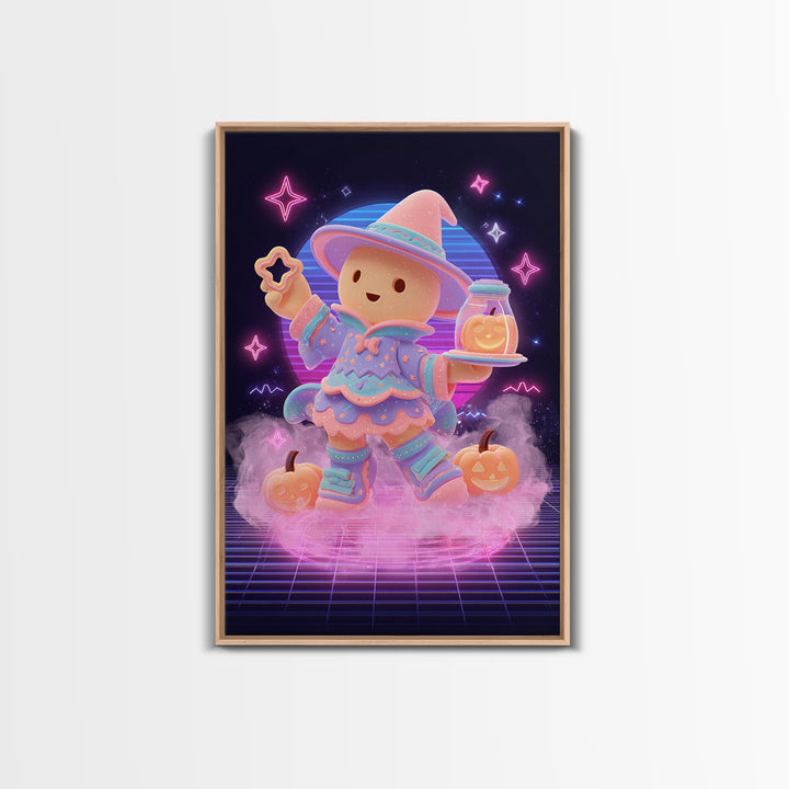 The Cookie Spellcaster, Cute Spooky Neon Art, Vertical Wall Art, Canvas Print, Retro Halloween Decor, Neon Wall Art, Collectible Wall Decor