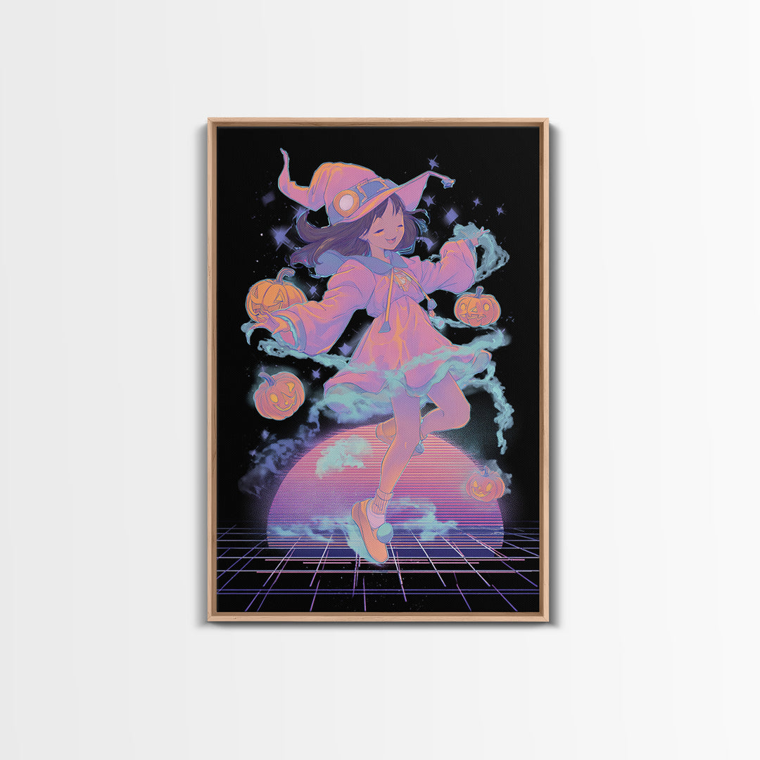 The Moonlight Pajama Witch, Vaporwave Halloween Decor, Vertical Wall Art, Canvas Print, Retro Halloween Decor, Neon Wall Art