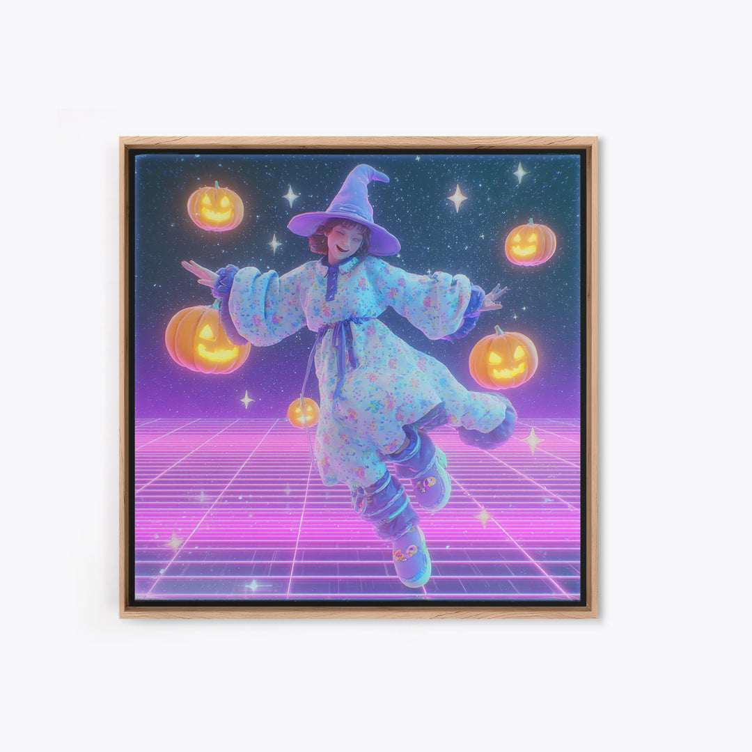 The Moonlight Pajama Witch, Synthwave Halloween Art, Square Wall Art, Canvas Print, Retro Halloween Decor, Neon Wall Art