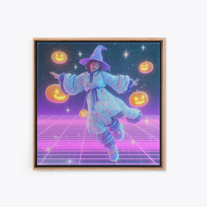 The Moonlight Pajama Witch, Synthwave Halloween Art, Square Wall Art, Canvas Print, Retro Halloween Decor, Neon Wall Art