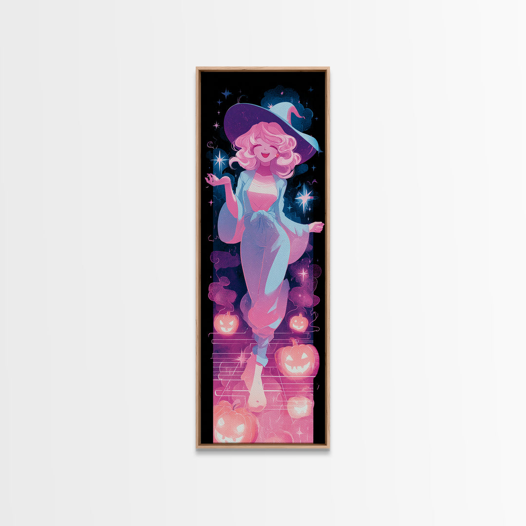 The Moonlight Pajama Witch, Cute Spooky Neon Art, Tall Narrow Wall Art, Framed Canvas Print, Retro Halloween Decor, Neon Wall Art