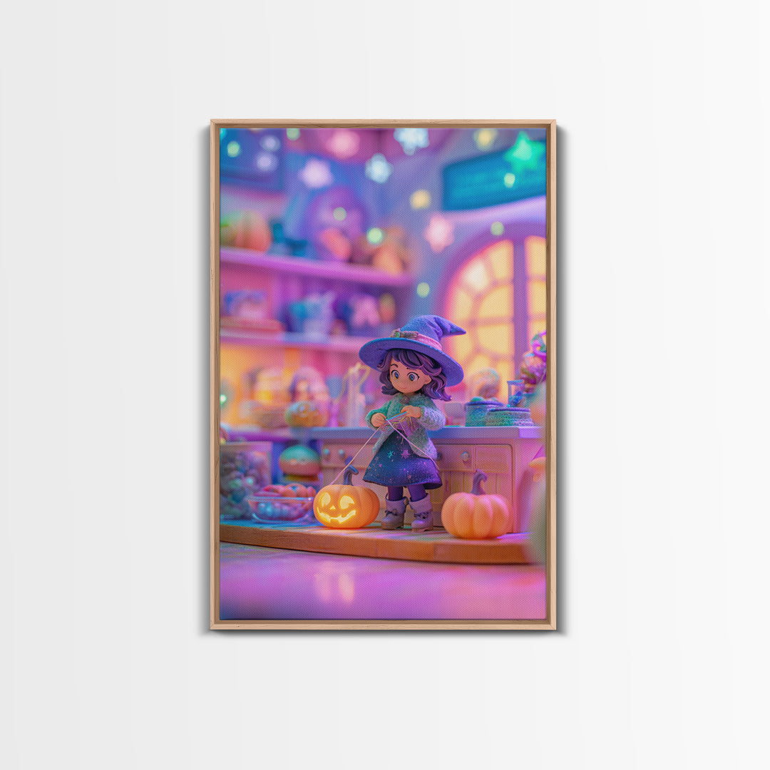 The Tiny Hat Shop Witch, Synthwave Halloween Art, Vertical Wall Art, Framed Canvas Print, Retro Halloween Decor, Neon Wall Art