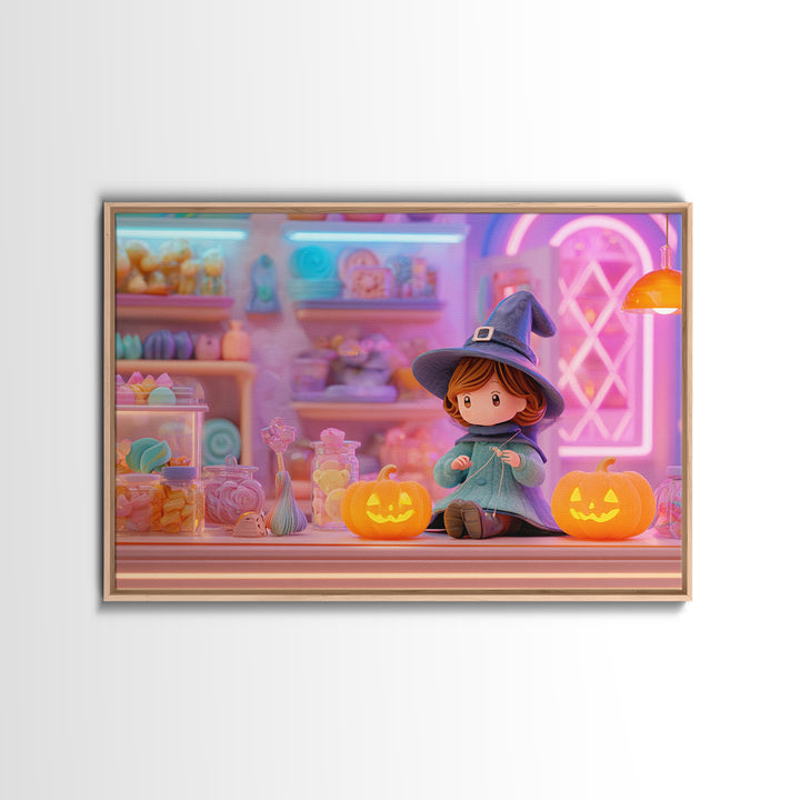 The Tiny Hat Shop Witch, Vaporwave Halloween Decor, Landscape Wall Art, Framed Canvas Print, Retro Halloween Decor, Neon Wall Art