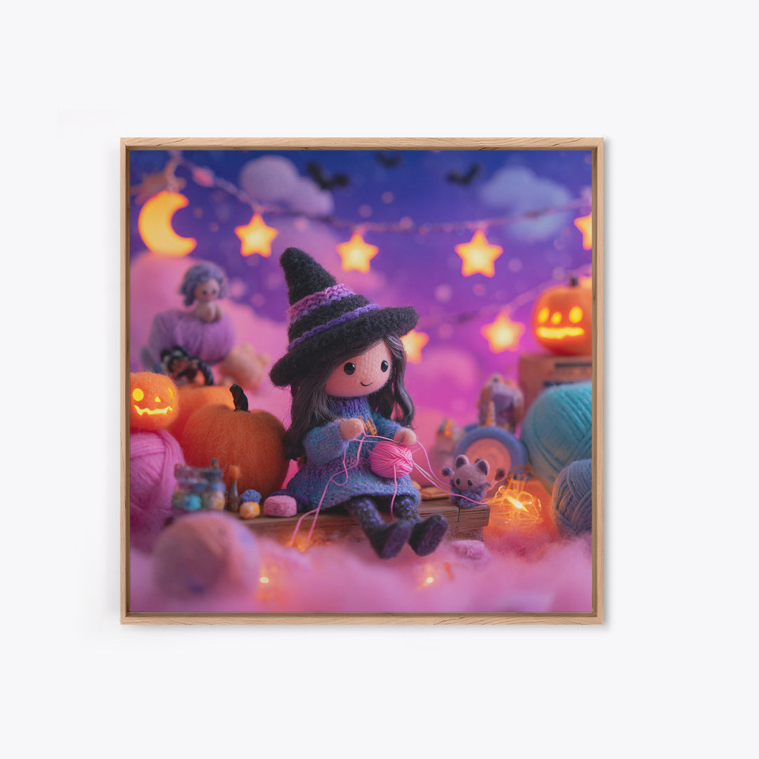 The Tiny Hat Shop Witch, Synthwave Halloween Art, Square Wall Art, Framed Canvas Print, Retro Halloween Decor, Neon Wall Art
