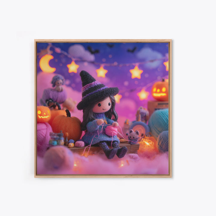 The Tiny Hat Shop Witch, Synthwave Halloween Art, Square Wall Art, Framed Canvas Print, Retro Halloween Decor, Neon Wall Art
