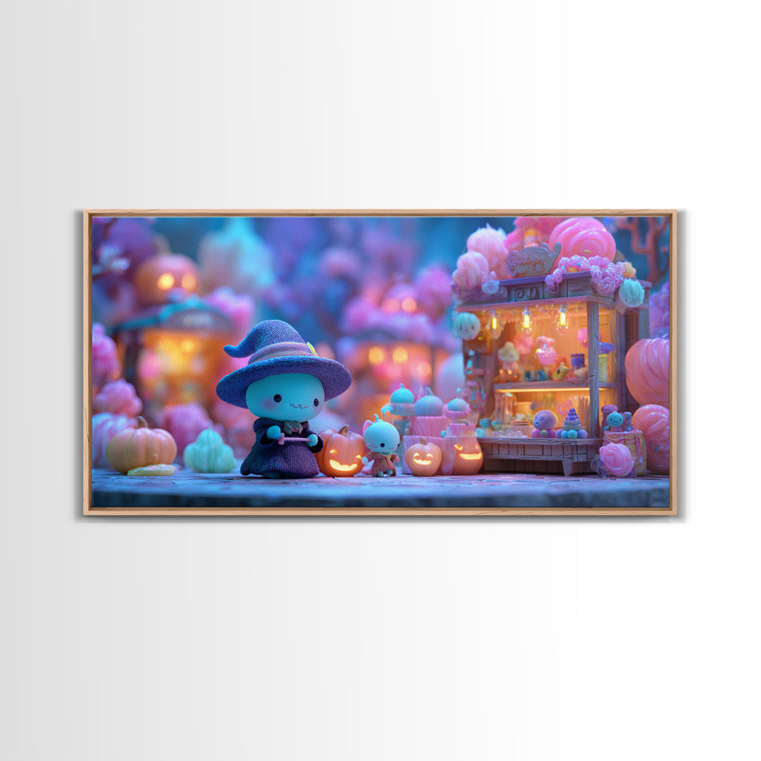 The Tiny Hat Shop Witch, Retro Neon Halloween Art, Wide Panoramic Art, Framed Canvas Print, Retro Halloween Decor, Neon Wall Art