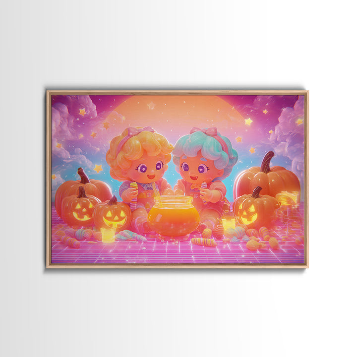 The Pumpkin Potion Twins, Cute Spooky Neon Art, Landscape Wall Art, Canvas Print, Retro Halloween Decor, Neon Wall Art