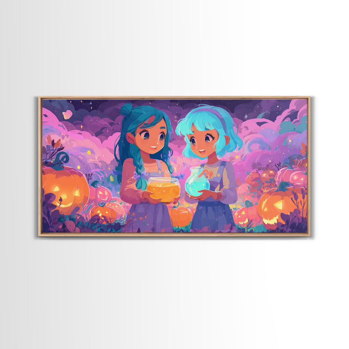 The Pumpkin Potion Twins, 80s Halloween Wall Art, Wide Panoramic Art, Canvas Print, Retro Halloween Decor, Neon Wall Art, Spooky Wall Decor