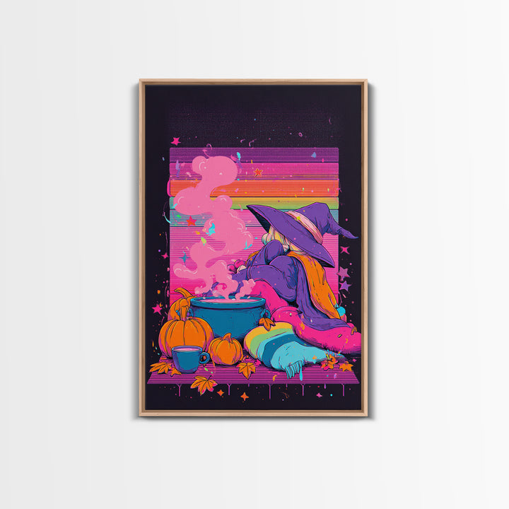 The Rainbow-Cauldron Witch, Vaporwave Halloween Decor, Vertical Wall Art, Canvas Print, Retro Halloween Decor, Neon Wall Art