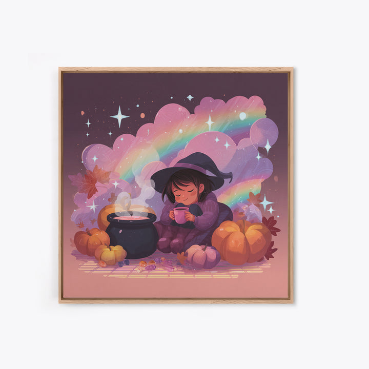 The Rainbow-Cauldron Witch, Vaporwave Halloween Decor, Square Wall Art, Framed Canvas Print, Retro Halloween Decor, Neon Wall Art