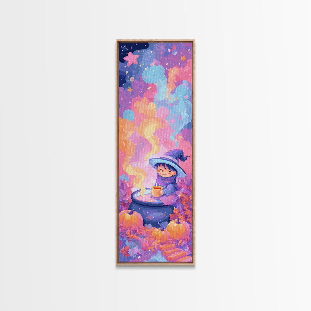 The Rainbow-Cauldron Witch, Retro Neon Halloween Art, Tall Narrow Wall Art, Framed Canvas Print, Retro Halloween Decor, Neon Wall Art