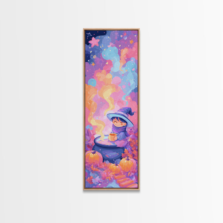 The Rainbow-Cauldron Witch, Retro Neon Halloween Art, Tall Narrow Wall Art, Framed Canvas Print, Retro Halloween Decor, Neon Wall Art