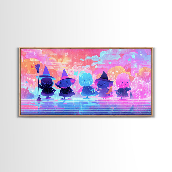The Stardust Apprentice, Vaporwave Halloween Decor, Wide Panoramic Art, Canvas Print, Retro Halloween Decor, Neon Wall Art