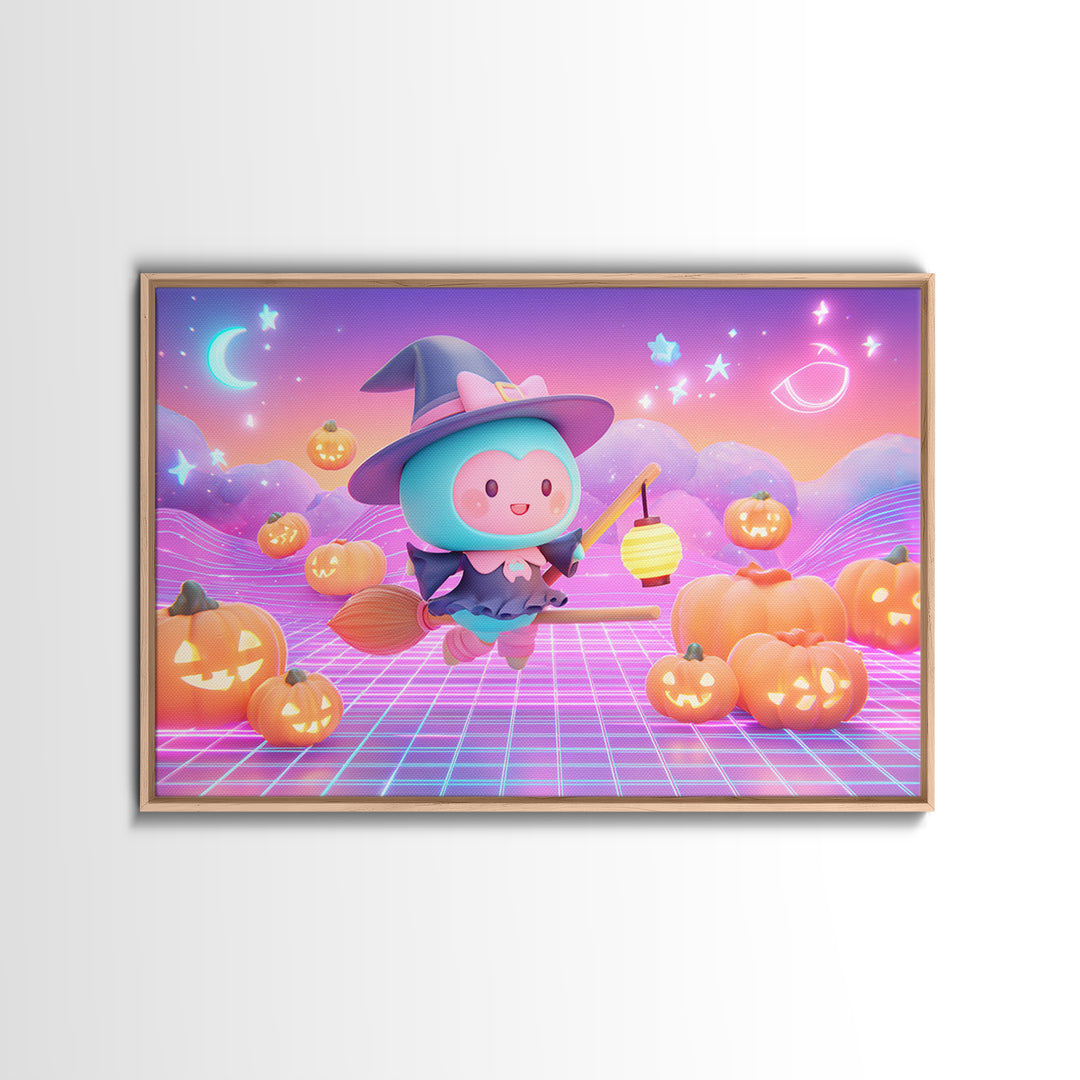 The Broomstick Riding Lesson, Synthwave Halloween Art, Landscape Wall Art, Canvas Print, Retro Halloween Decor, Neon Wall Art