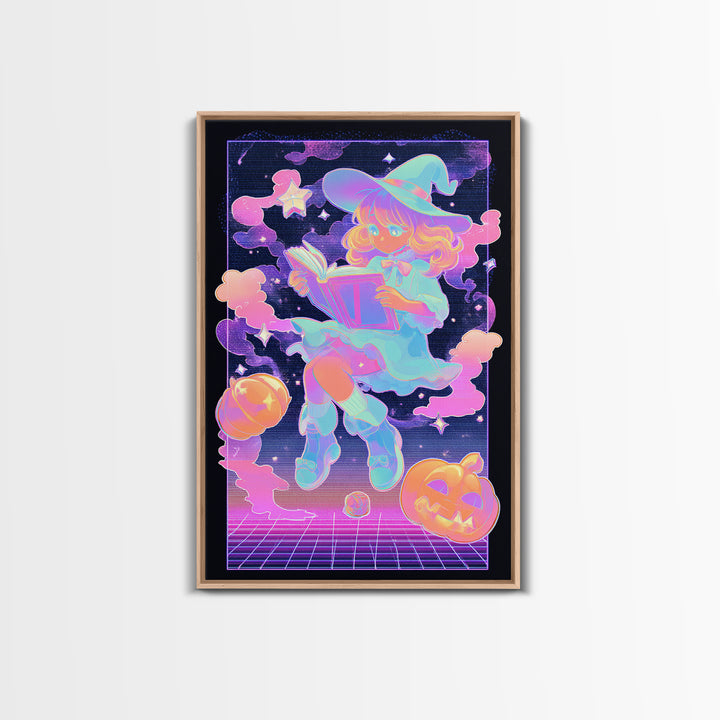 The Spellbook Sleepover, Synthwave Halloween Art, Vertical Wall Art, Canvas Print, Retro Halloween Decor, Neon Wall Art