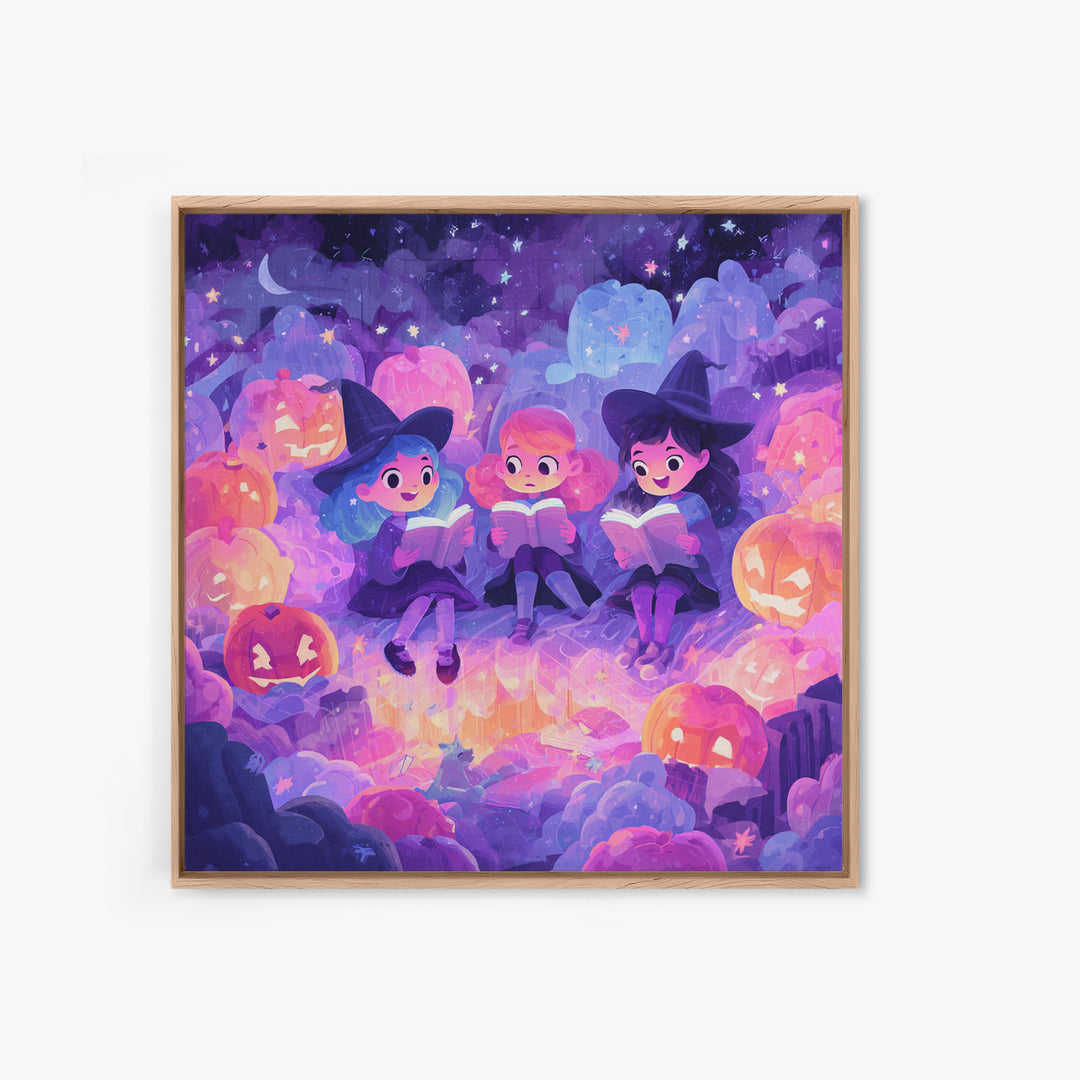 The Spellbook Sleepover, Retro Neon Halloween Art, Square Wall Art, Canvas Print, Retro Halloween Decor, Neon Wall Art, Statement Wall Art