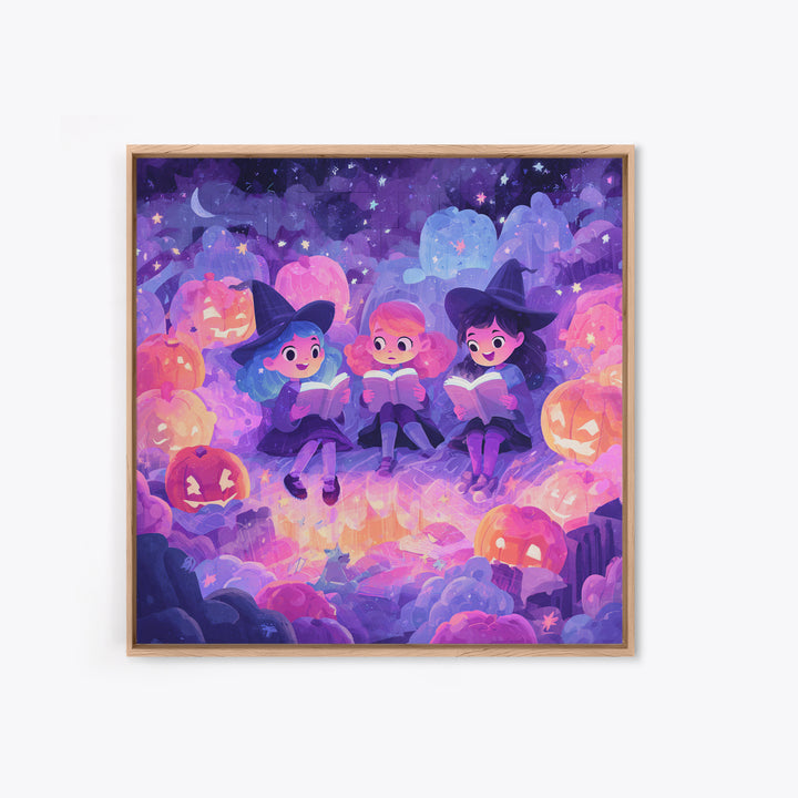 The Spellbook Sleepover, Retro Neon Halloween Art, Square Wall Art, Canvas Print, Retro Halloween Decor, Neon Wall Art, Statement Wall Art