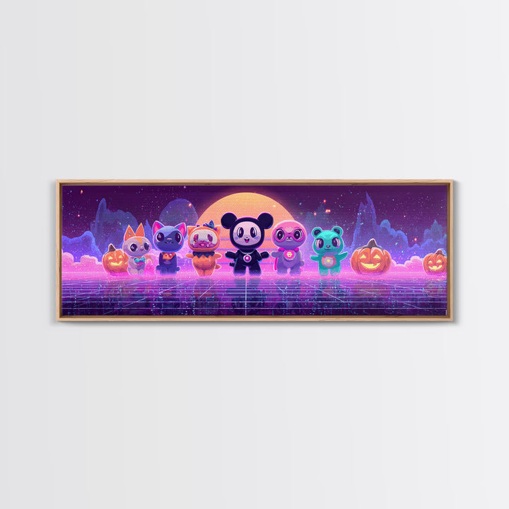 The Friendly Familiar Club, Cute Spooky Neon Art, Extra Wide Wall Art, Canvas Print, Retro Halloween Decor, Neon Wall Art