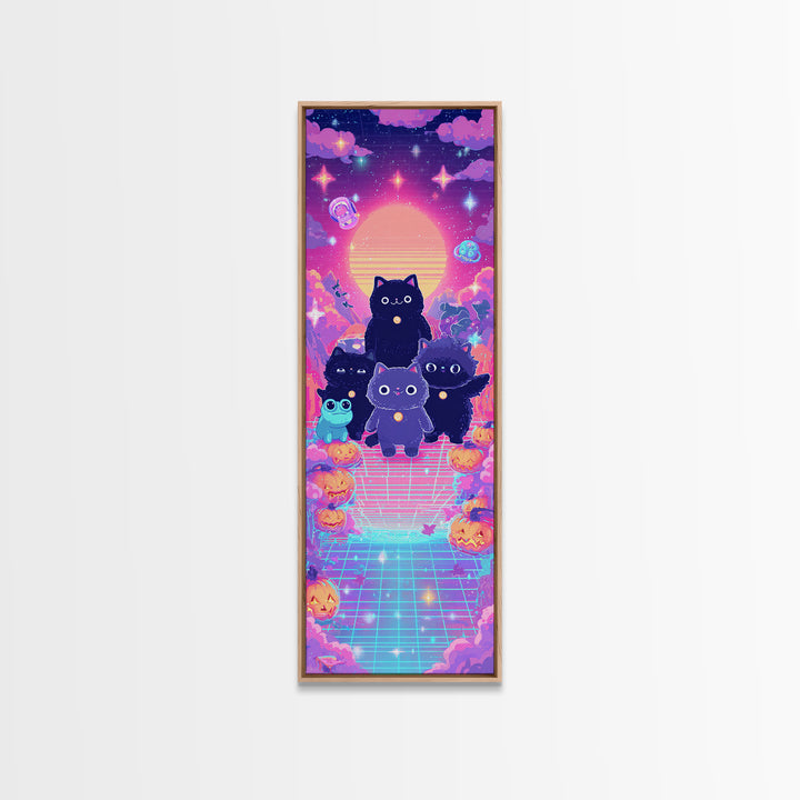 The Friendly Familiar Club, Vaporwave Halloween Decor, Tall Narrow Wall Art, Canvas Print, Retro Halloween Decor, Neon Wall Art
