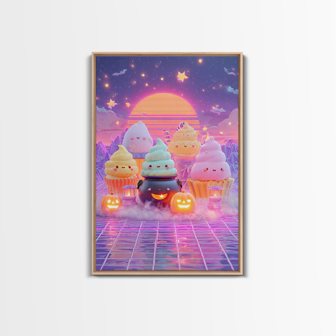 The Cupcake Cauldron Class, Vaporwave Halloween Decor, Vertical Wall Art, Canvas Print, Retro Halloween Decor, Neon Wall Art