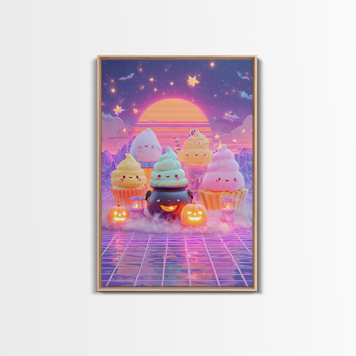 The Cupcake Cauldron Class, Vaporwave Halloween Decor, Vertical Wall Art, Canvas Print, Retro Halloween Decor, Neon Wall Art