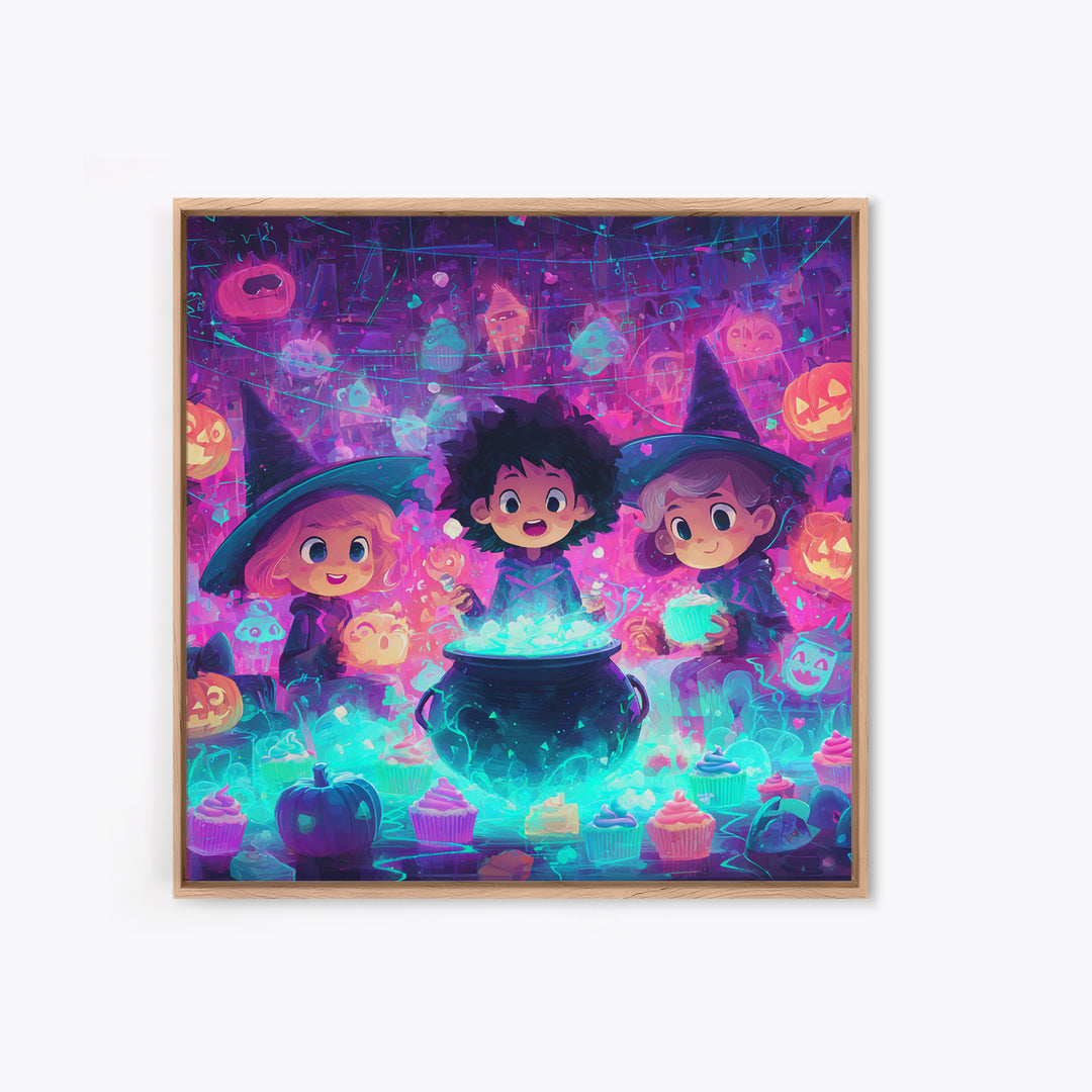 The Cupcake Cauldron Class, 80s Halloween Wall Art, Square Wall Art, Framed Canvas Print, Retro Halloween Decor, Neon Wall Art