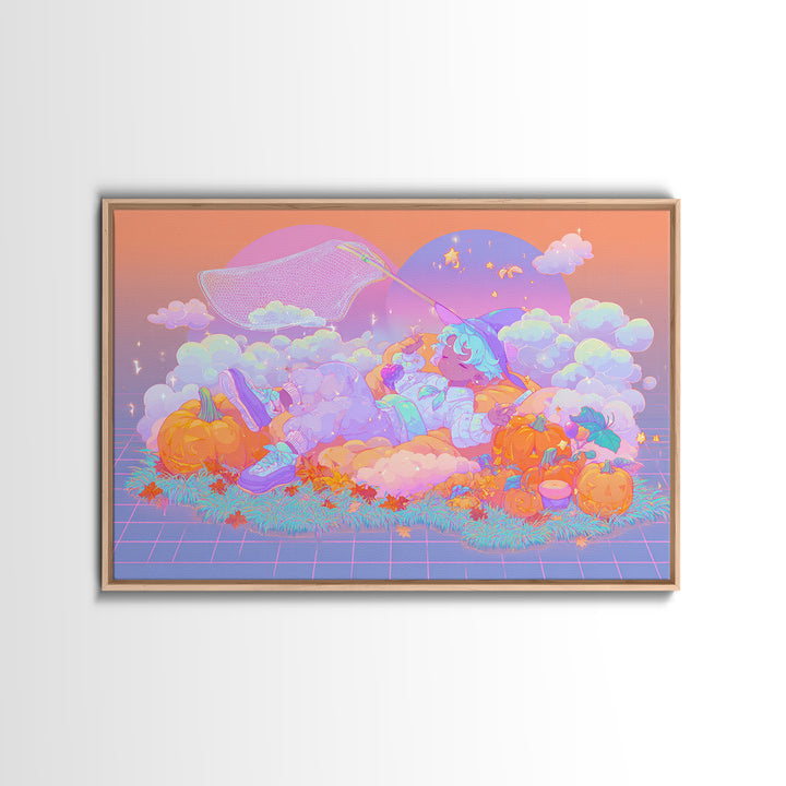 The Cloud-Catching Wizard, Cute Spooky Neon Art, Landscape Wall Art, Canvas Print, Retro Halloween Decor, Neon Wall Art