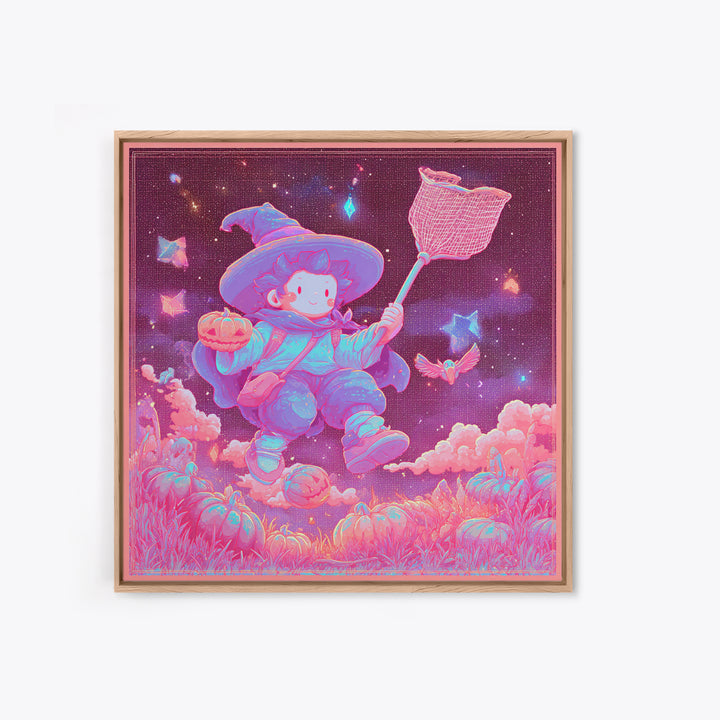The Cloud-Catching Wizard, Retro Neon Halloween Art, Square Wall Art, Canvas Print, Retro Halloween Decor, Neon Wall Art, Horror Wall Art