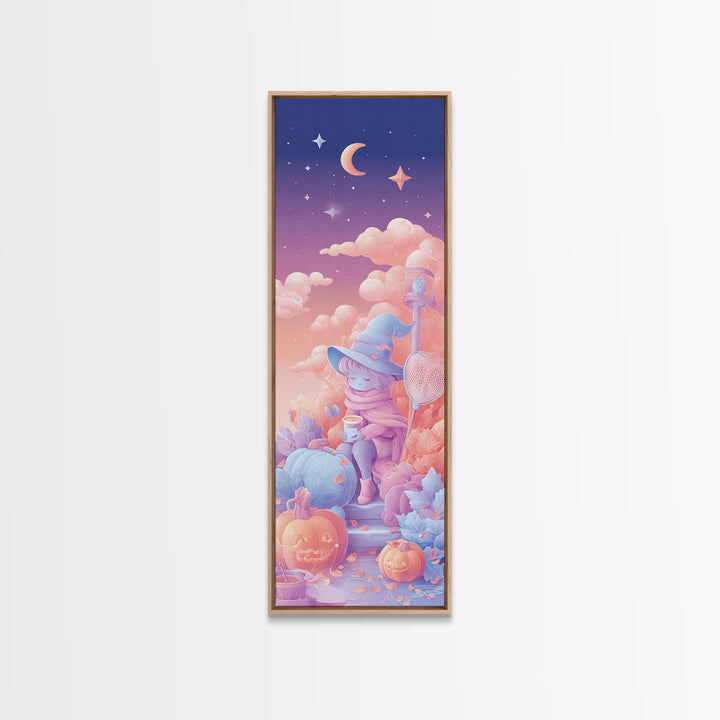 The Cloud-Catching Wizard, 80s Halloween Wall Art, Tall Narrow Wall Art, Framed Canvas Print, Retro Halloween Decor, Neon Wall Art