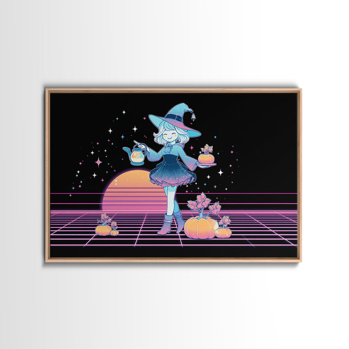 The Moon Garden Witch, Cute Spooky Neon Art, Landscape Wall Art, Canvas Print, Retro Halloween Decor, Neon Wall Art, Horror Wall Art