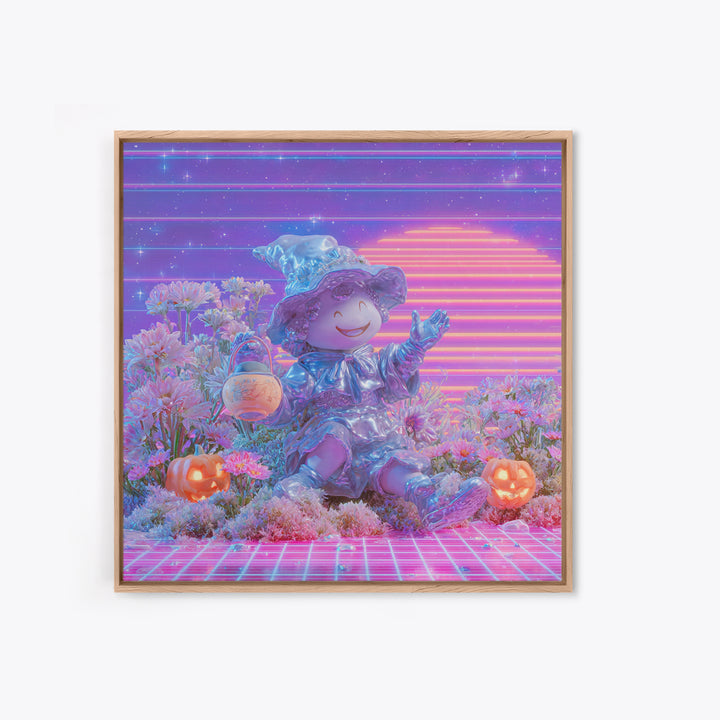 The Moon Garden Witch, Vaporwave Halloween Decor, Square Wall Art, Canvas Print, Retro Halloween Decor, Neon Wall Art, Halloween Wall Art