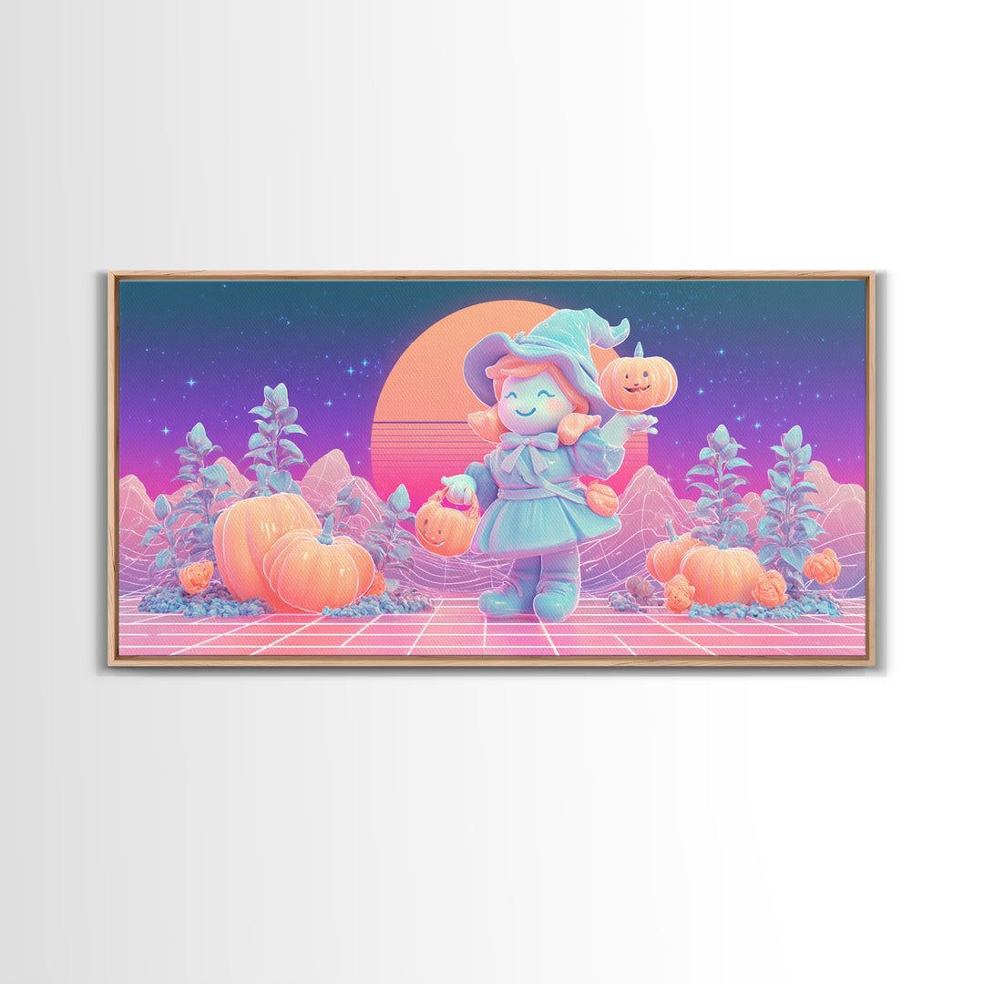The Moon Garden Witch, Synthwave Halloween Art, Wide Panoramic Art, Framed Canvas Print, Retro Halloween Decor, Neon Wall Art