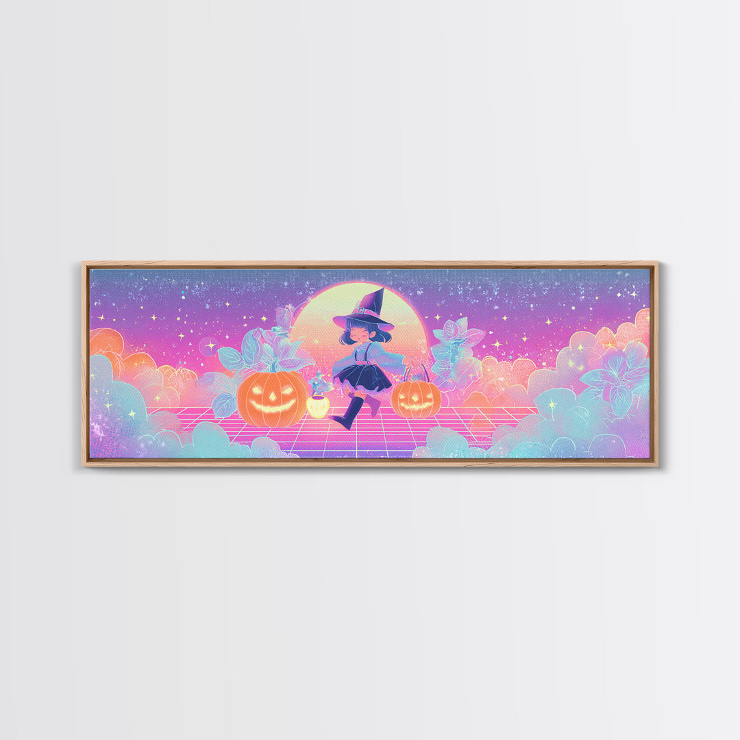 The Moon Garden Witch, 80s Halloween Wall Art, Extra Wide Wall Art, Framed Canvas Print, Retro Halloween Decor, Neon Wall Art