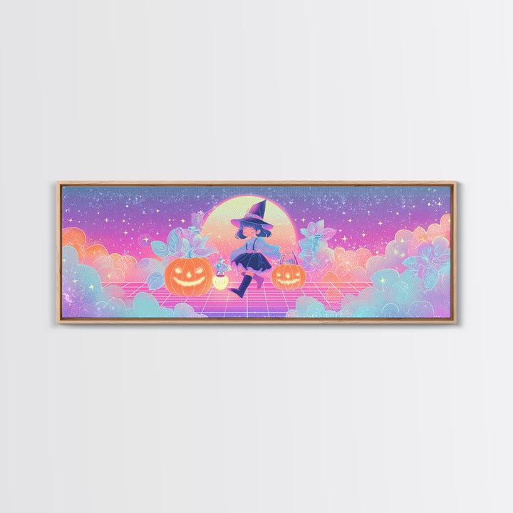 The Moon Garden Witch, 80s Halloween Wall Art, Extra Wide Wall Art, Framed Canvas Print, Retro Halloween Decor, Neon Wall Art