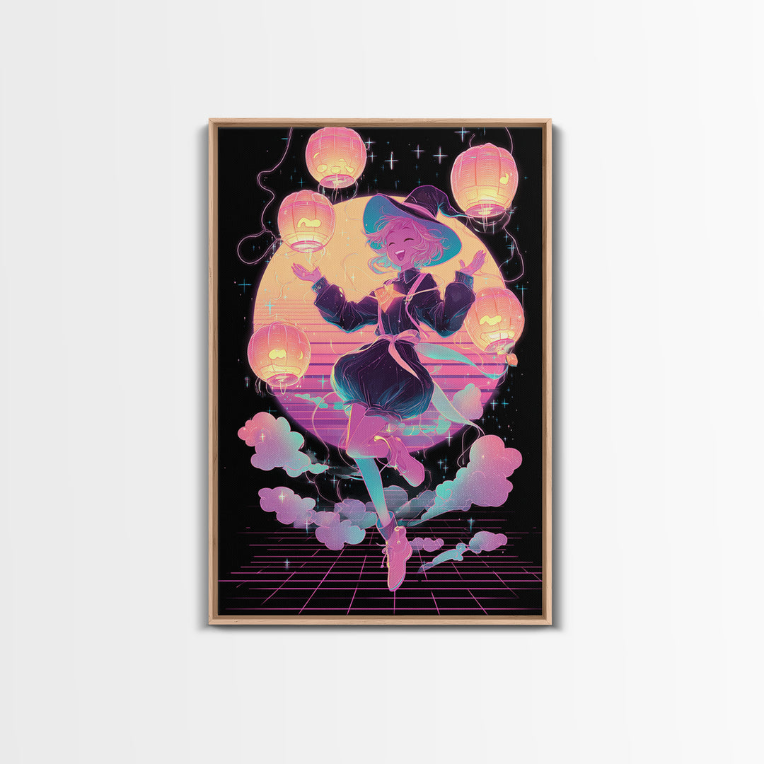 The Lantern-Light Wizard, Cute Spooky Neon Art, Vertical Wall Art, Framed Canvas Print, Retro Halloween Decor, Neon Wall Art