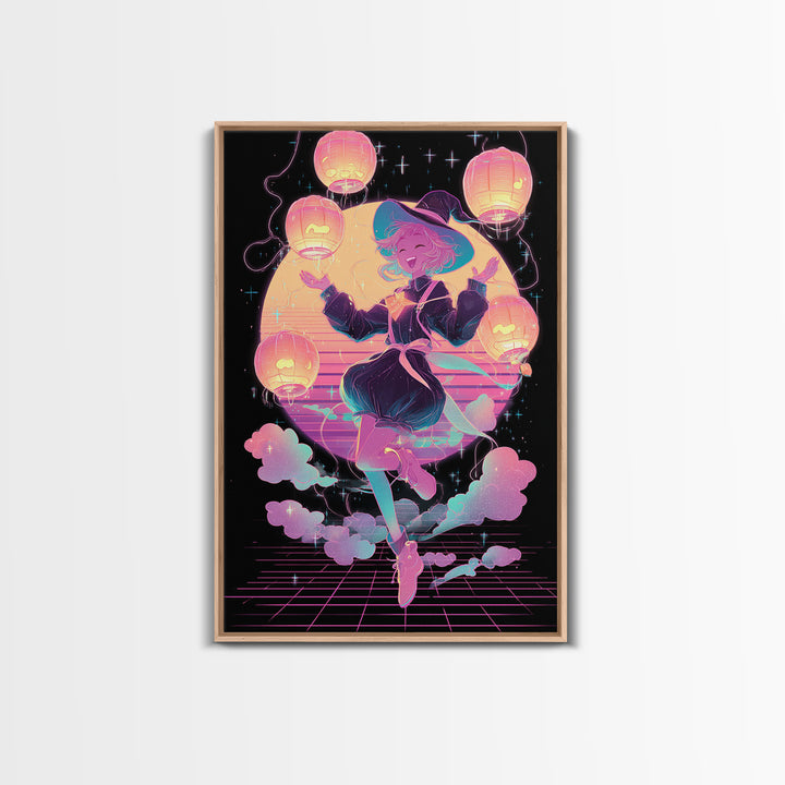 The Lantern-Light Wizard, Cute Spooky Neon Art, Vertical Wall Art, Framed Canvas Print, Retro Halloween Decor, Neon Wall Art