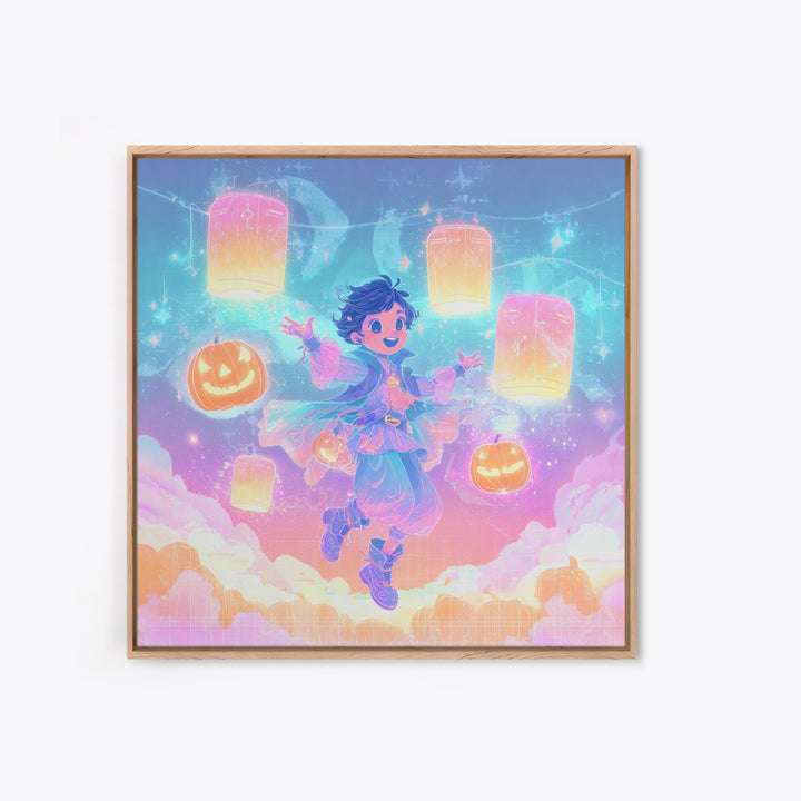 The Lantern-Light Wizard, Synthwave Halloween Art, Square Wall Art, Framed Canvas Print, Retro Halloween Decor, Neon Wall Art