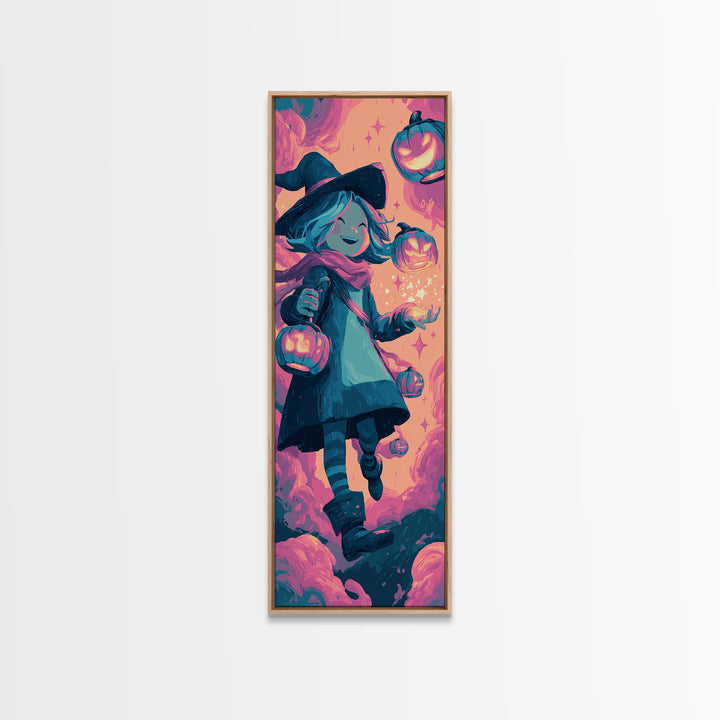 The Lantern-Light Wizard, 80s Halloween Wall Art, Tall Narrow Wall Art, Framed Canvas Print, Retro Halloween Decor, Neon Wall Art