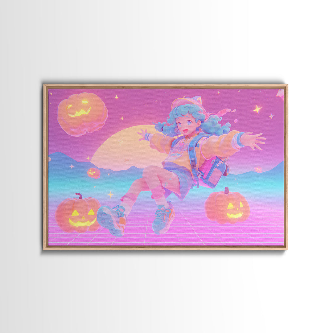 The Candy Map Adventurers, Retro Neon Halloween Art, Landscape Wall Art, Framed Canvas Print, Retro Halloween Decor, Neon Wall Art