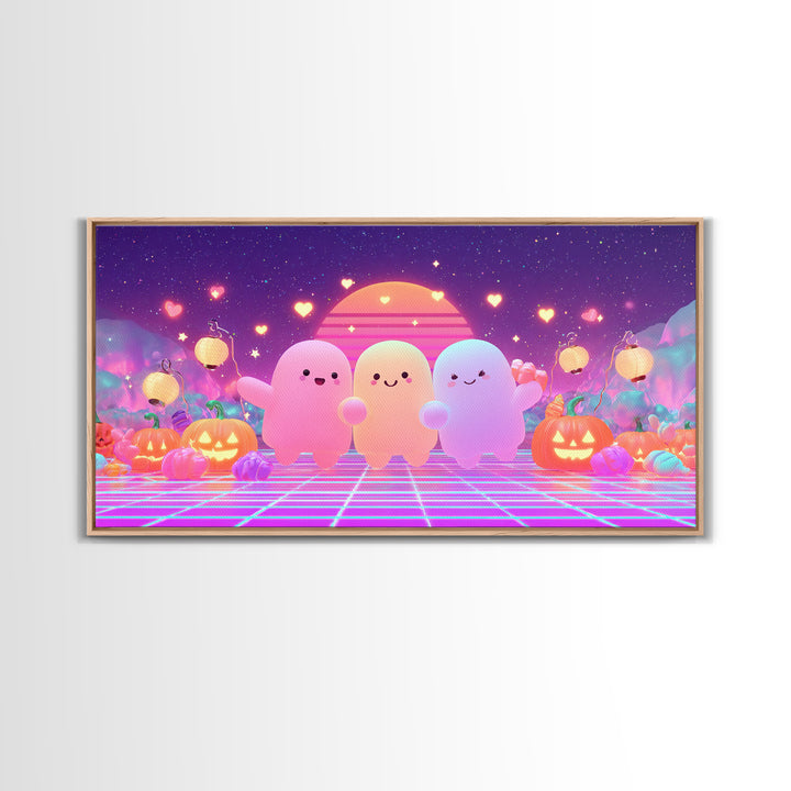 The Halloween Friendship Spell, 80s Halloween Wall Art, Wide Panoramic Art, Canvas Print, Retro Halloween Decor, Neon Wall Art
