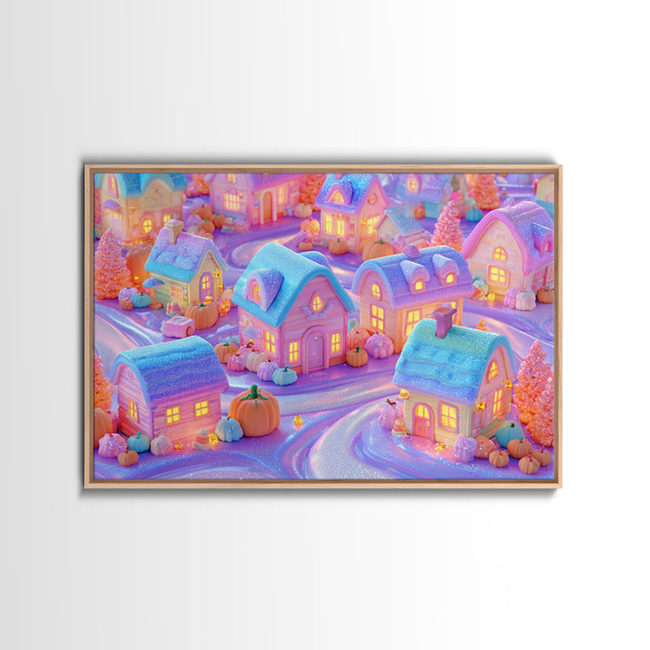 Candy Corn Village, 80s Halloween Wall Art, Landscape Wall Art, Framed Canvas Print, Retro Halloween Decor, Neon Wall Art, Spooky Wall Decor