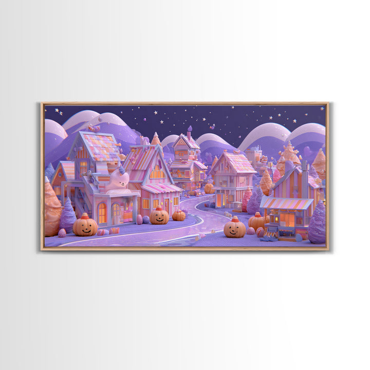 Candy Corn Village, 80s Halloween Wall Art, Wide Panoramic Art, Framed Canvas Print, Retro Halloween Decor, Neon Wall Art