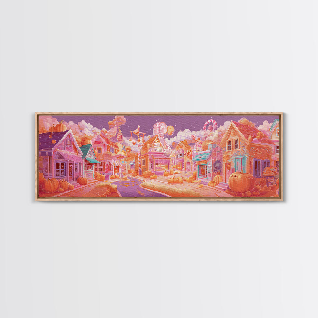 Candy Corn Village, Retro Neon Halloween Art, Extra Wide Wall Art, Canvas Print, Retro Halloween Decor, Neon Wall Art, Statement Wall Art