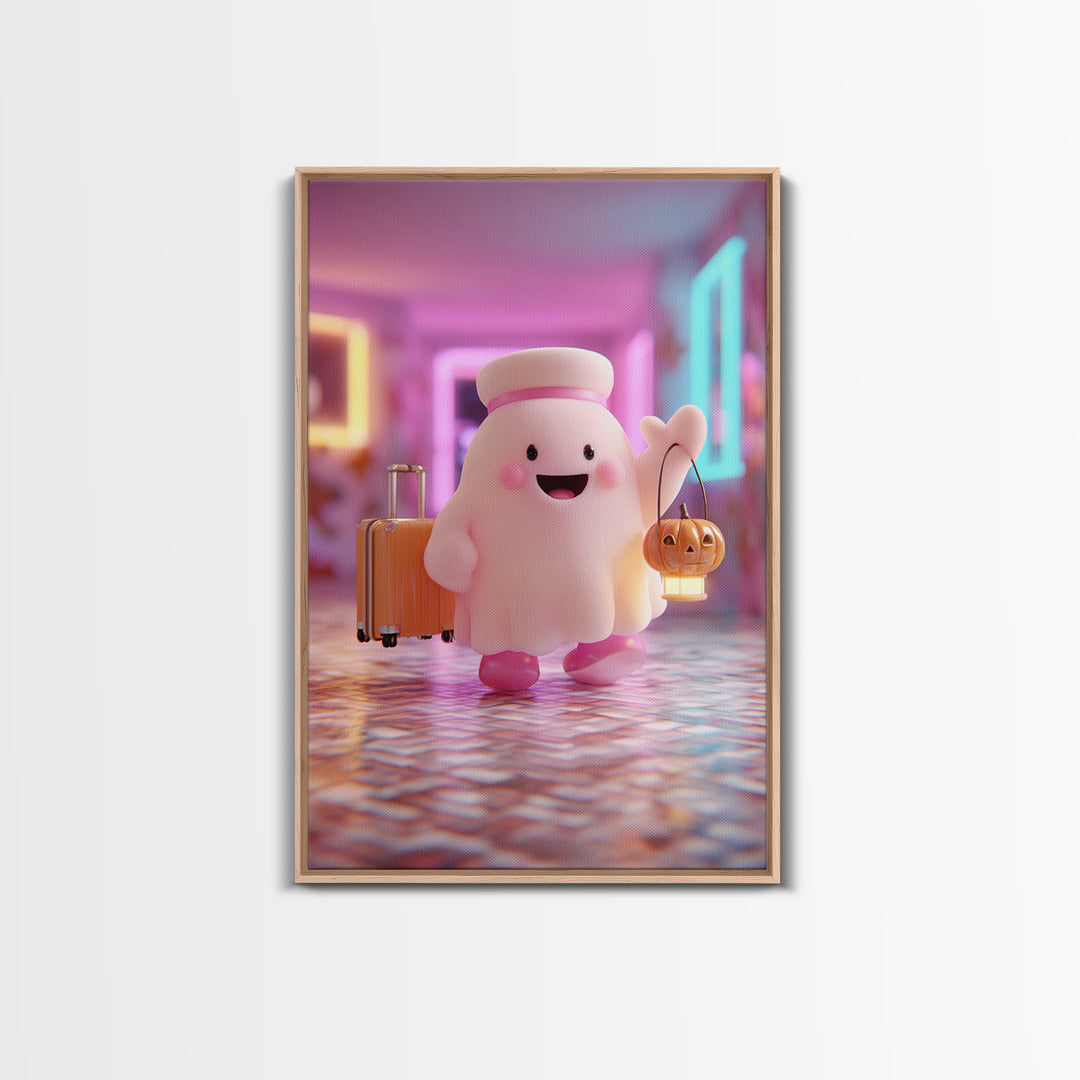 The Friendly Ghost Hotel, Retro Neon Halloween Art, Vertical Wall Art, Canvas Print, Retro Halloween Decor, Neon Wall Art, Horror Wall Art