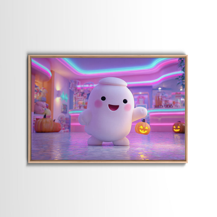 The Friendly Ghost Hotel, Cute Spooky Neon Art, Landscape Wall Art, Canvas Print, Retro Halloween Decor, Neon Wall Art, Macabre Wall Art