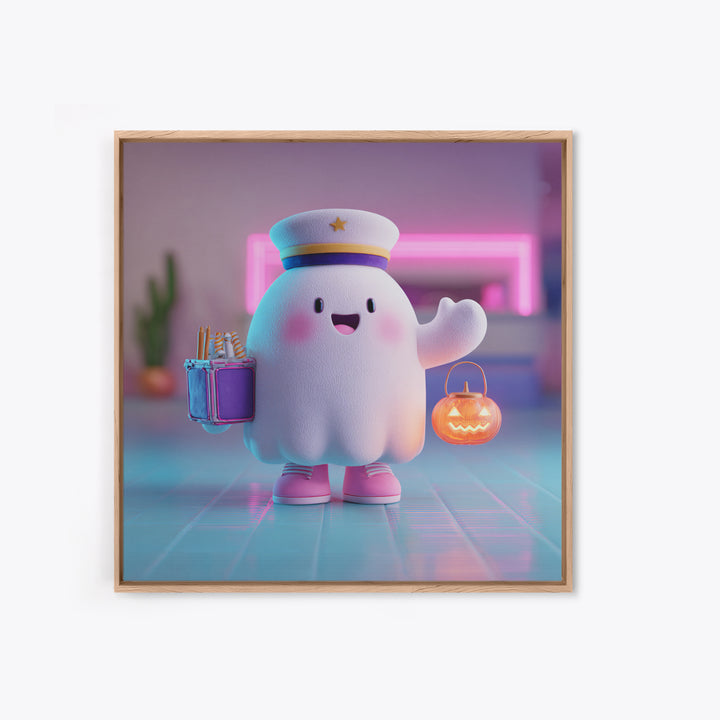 The Friendly Ghost Hotel, 80s Halloween Wall Art, Square Wall Art, Canvas Print, Retro Halloween Decor, Neon Wall Art, Horror Wall Art