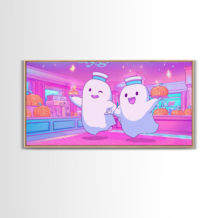 The Friendly Ghost Hotel, Cute Spooky Neon Art, Wide Panoramic Art, Framed Canvas Print, Retro Halloween Decor, Neon Wall Art